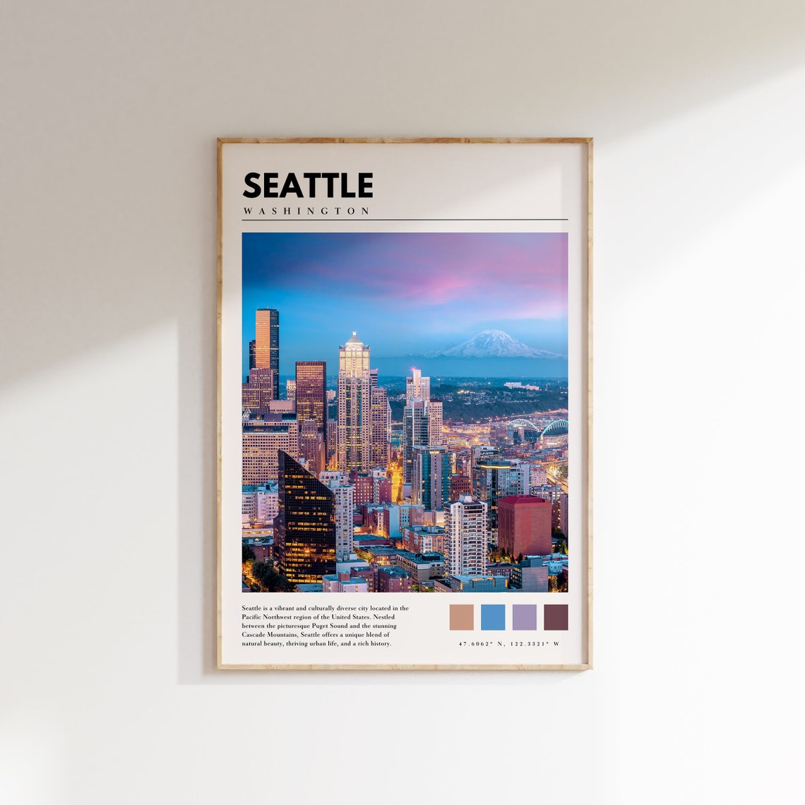 Seattle Twilight Poster with Downtown Skyline and Mount Rainier View