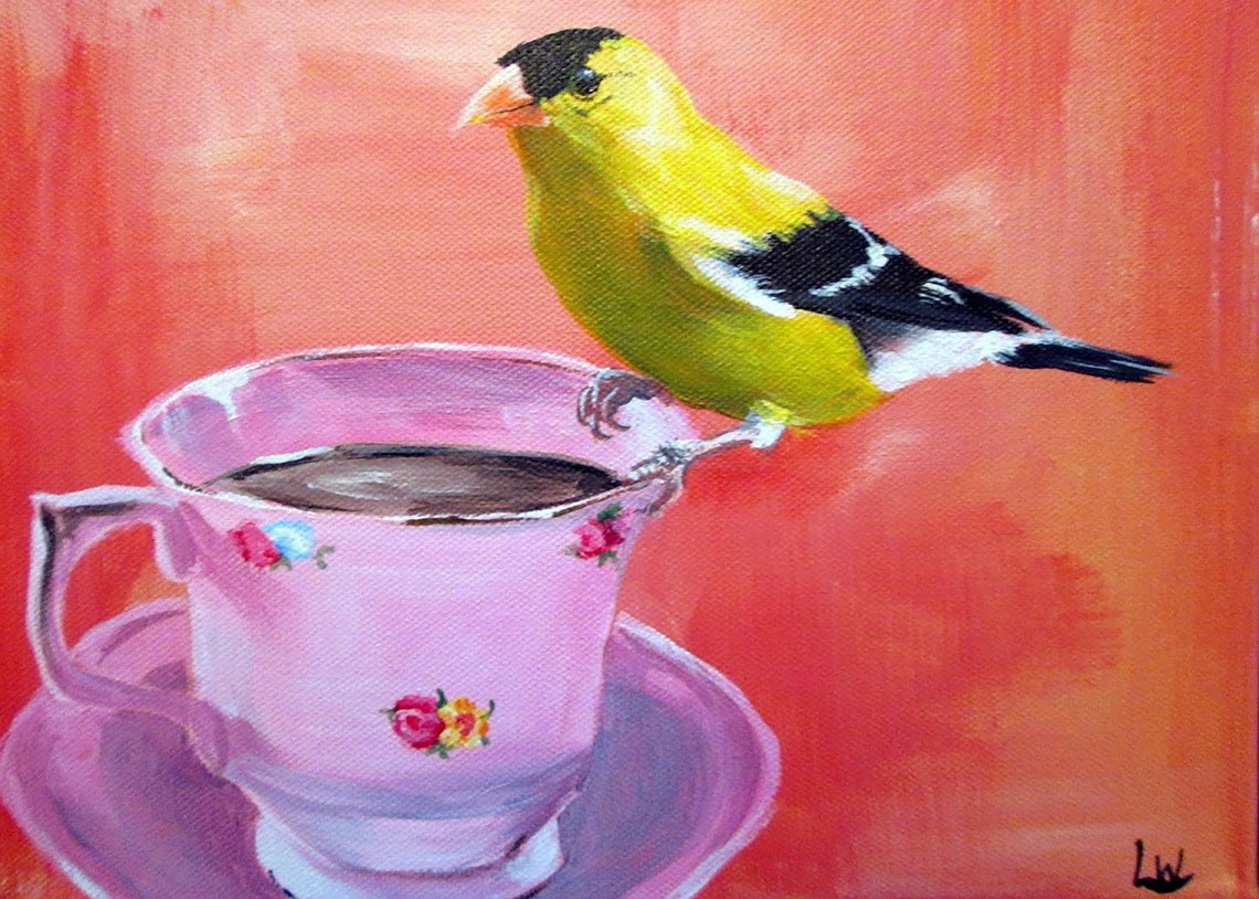 Yellow Goldfinch on Pink Teacup Coral Bird Portrait Art Poster