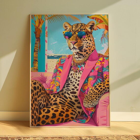Leopard in Sunglasses Pink Blazer Fashionista Beach Maximalist Poster