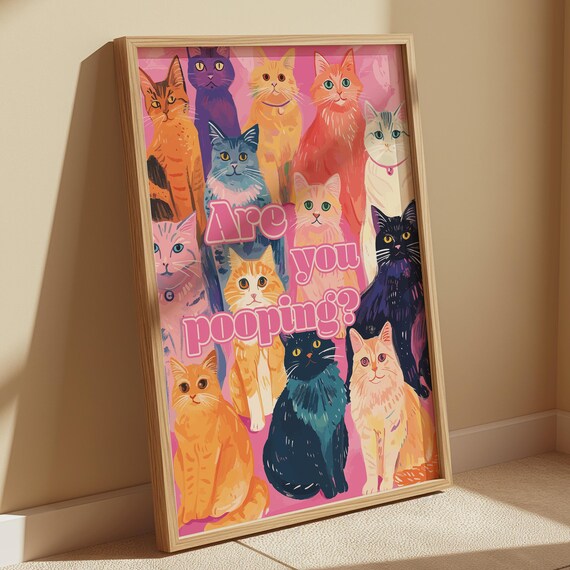 Funny Cats Asking Are You Pooping Pink Maximalist Bathroom Wall Art
