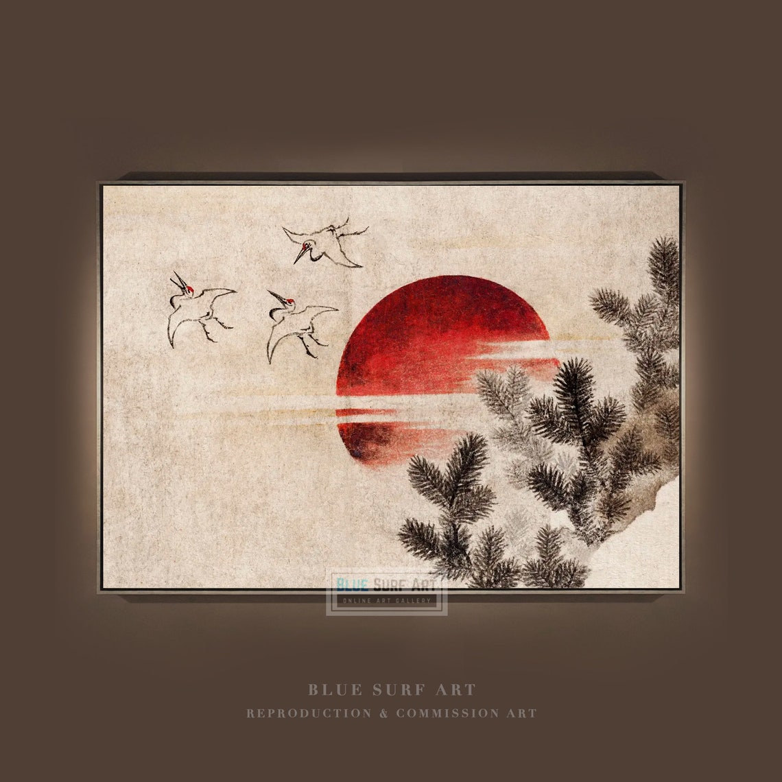 Japanese Birds Flying Before a Red Sunset Ukiyo E Style Poster