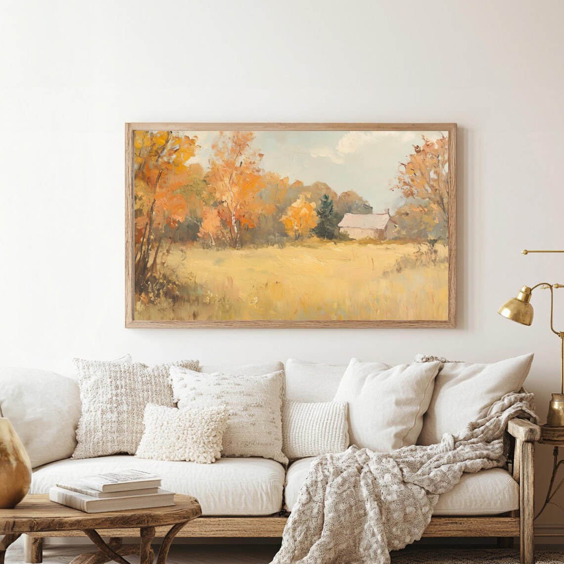 Autumn Meadow Orange Trees White Farmhouse Vintage Landscape Poster - Image 2