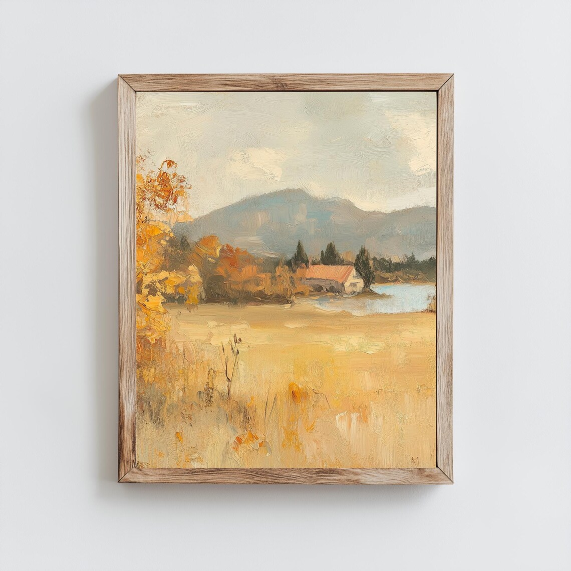 Golden Wheat Field Farmhouse Lake Misty Mountain Impressionist Poster