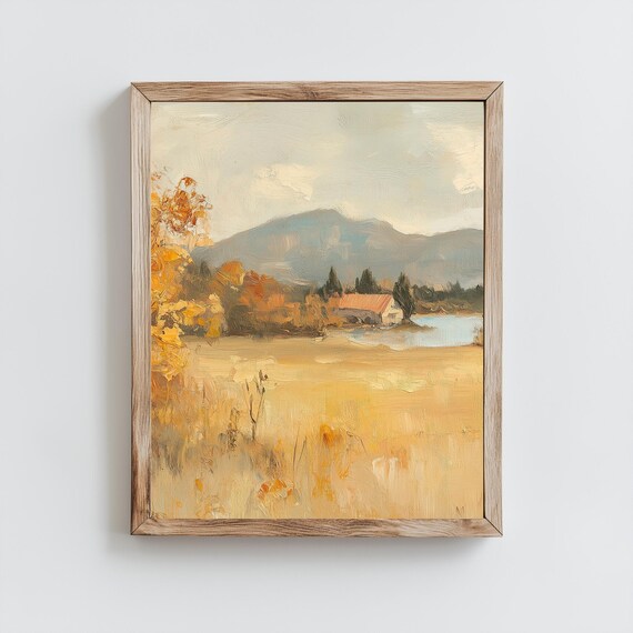 Golden Wheat Field Farmhouse Lake Misty Mountain Impressionist Poster