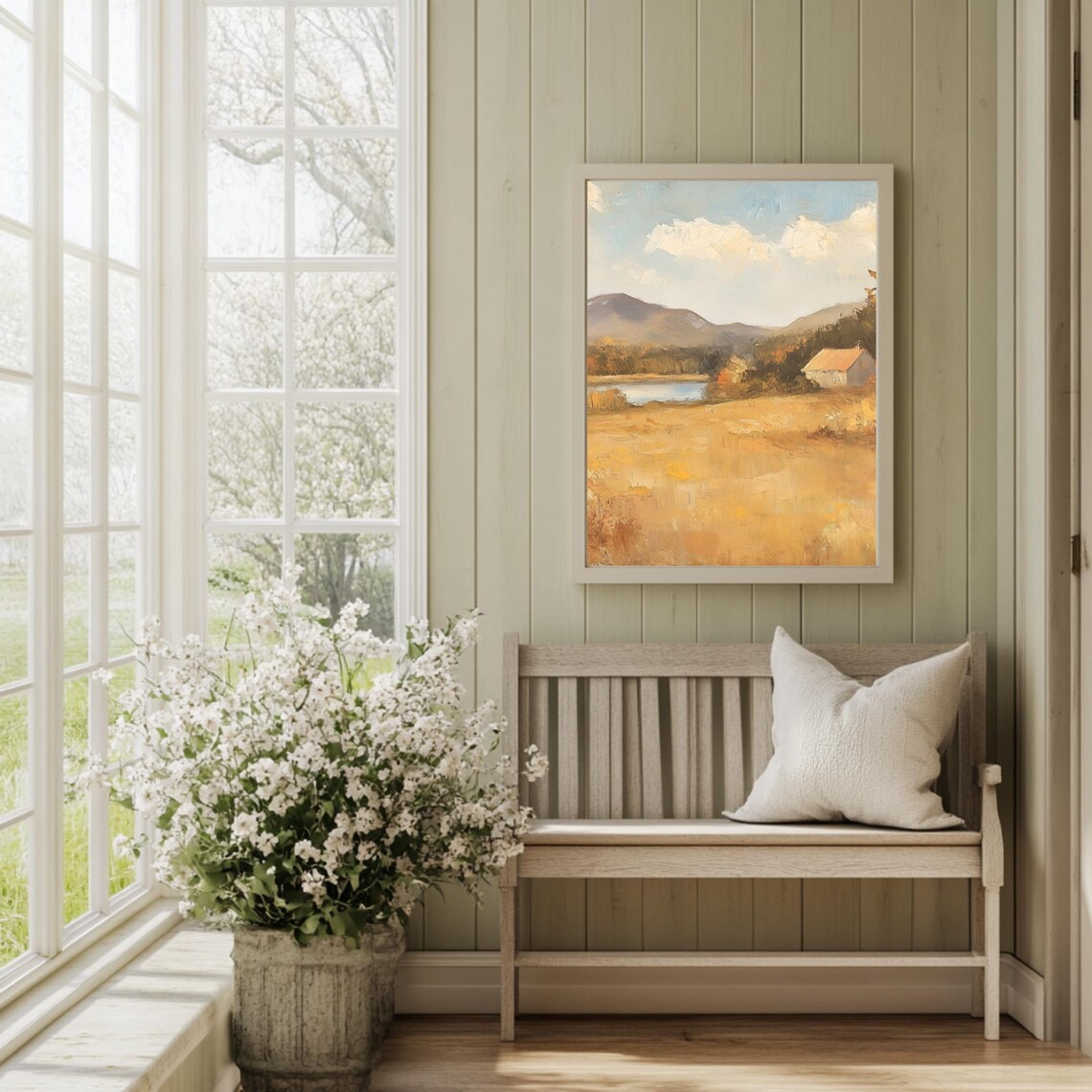 Golden Autumn Field Pond Barn Mountains Vintage Landscape Painting Poster - Image 2
