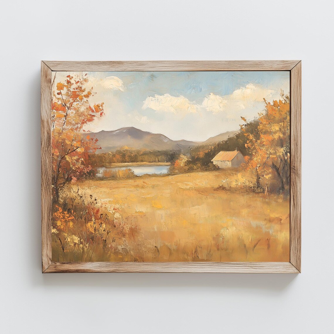 Golden Autumn Field Pond Cabin Mountains Vintage Landscape Painting Poster - Image 2