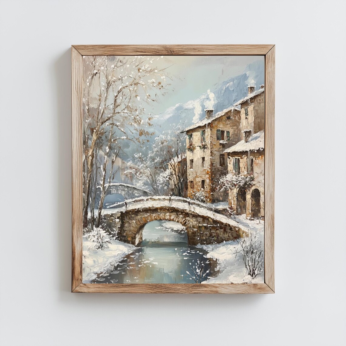 Snowy European Old Stone Village Bridge Stream Vintage Winter Poster