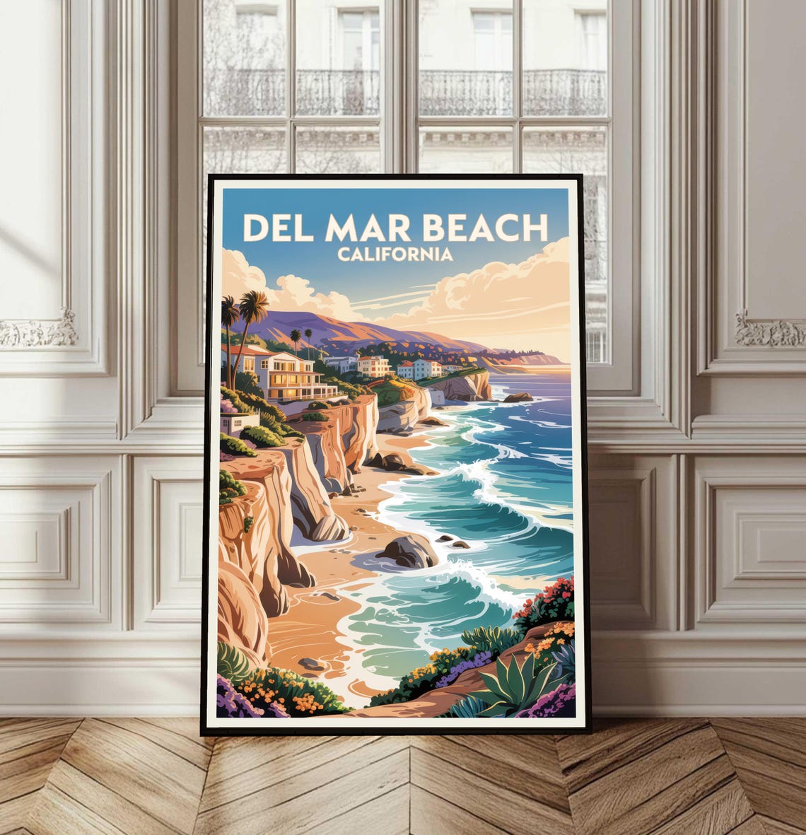 Del Mar Beach California Sunny Cliffs and Waves Travel Art Poster