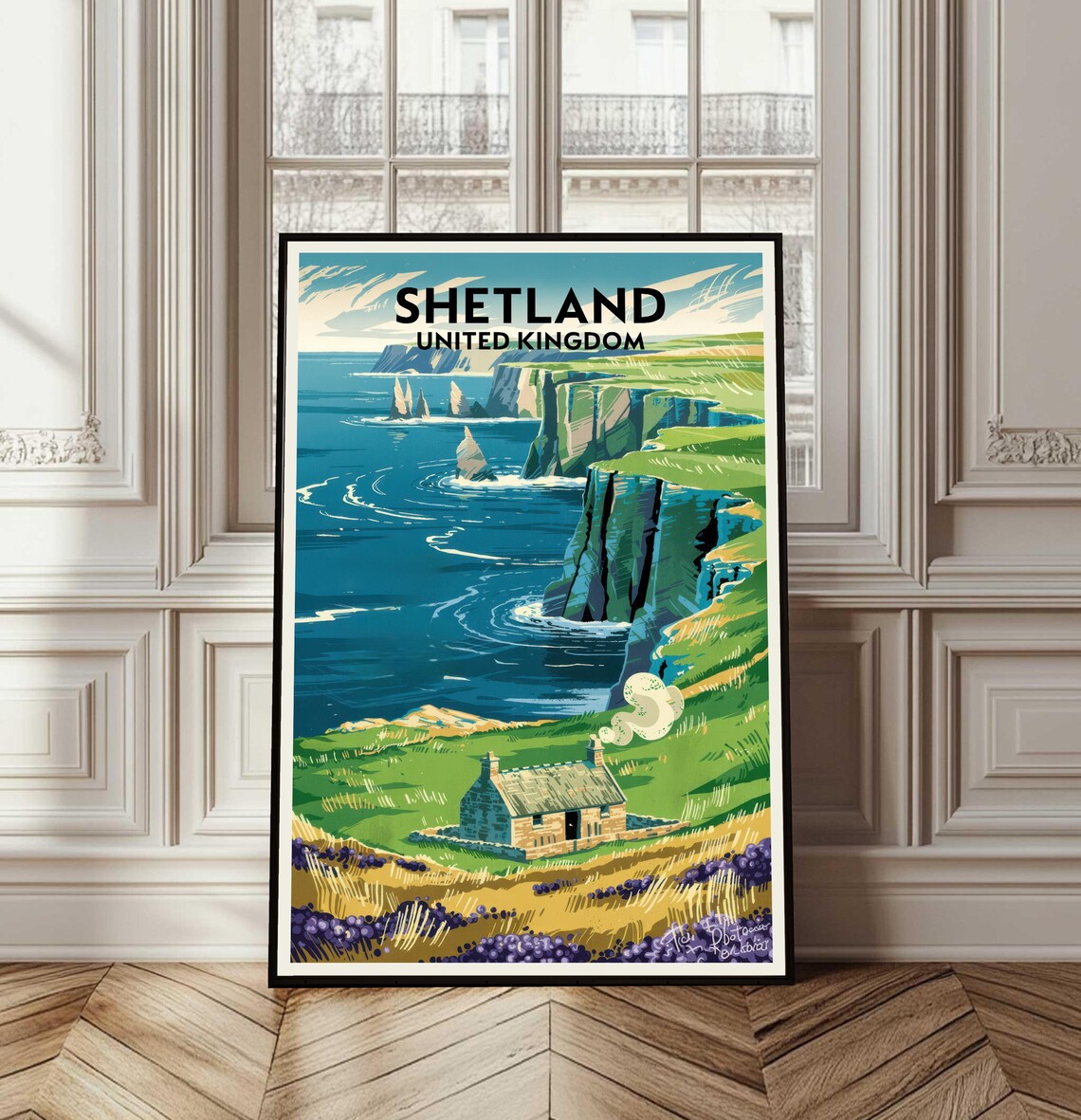 Shetland Cliffs United Kingdom Coastal Retro Travel Nature Poster