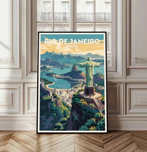 Rio de Janeiro Brazil Vintage Travel Poster Christ Redeemer Bay Illustration