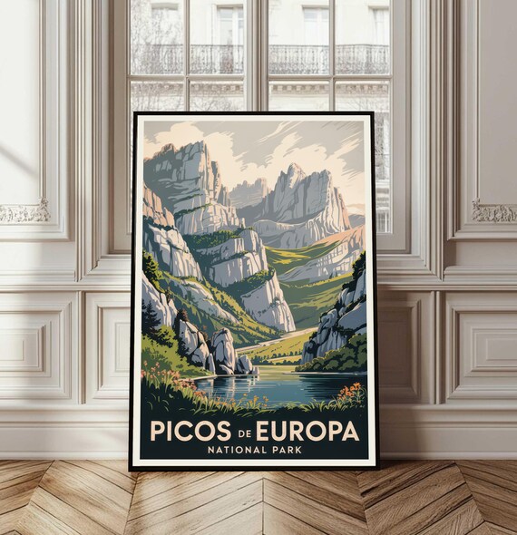 Picos de Europa National Park Vintage Travel Poster Jagged Peaks Lake