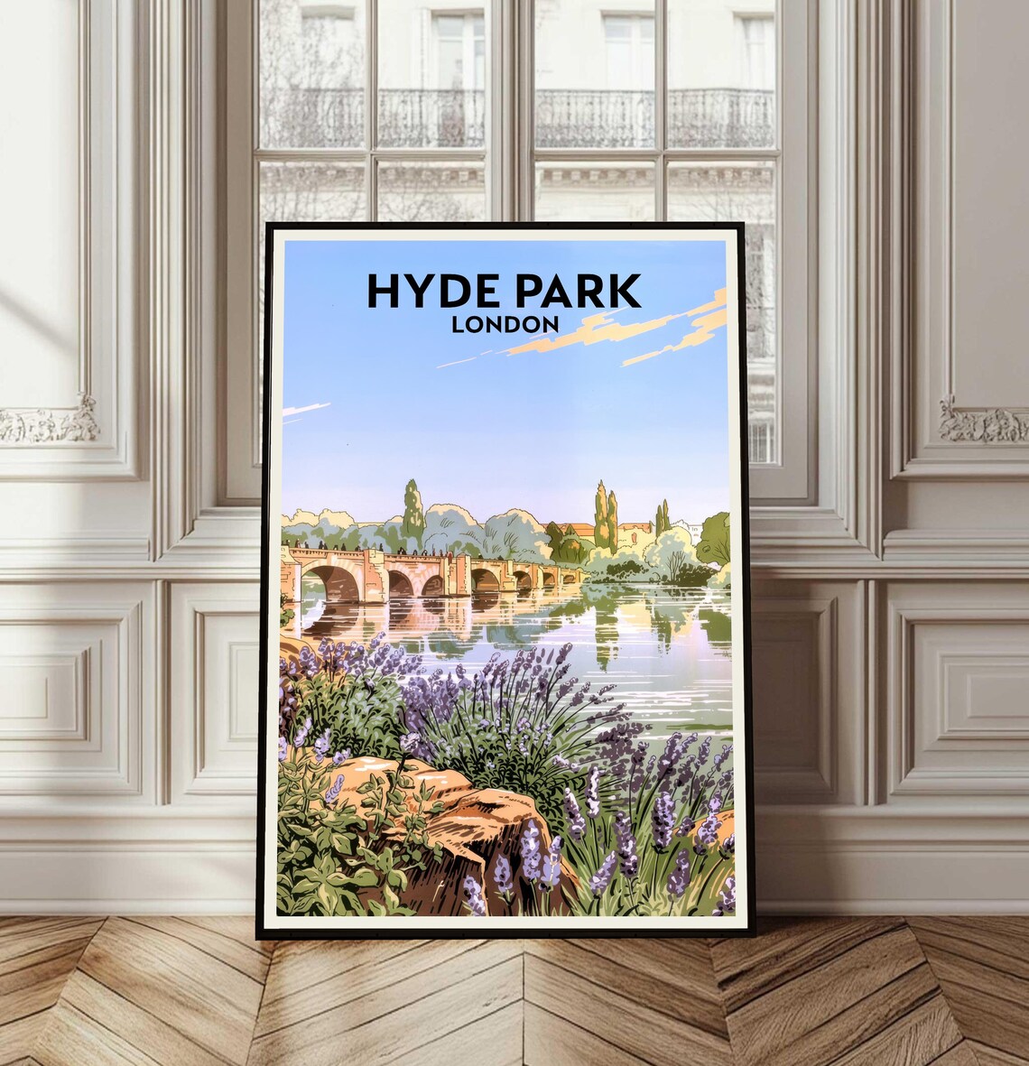 Hyde Park London Retro Travel Poster Lake Bridge Vintage Garden Art