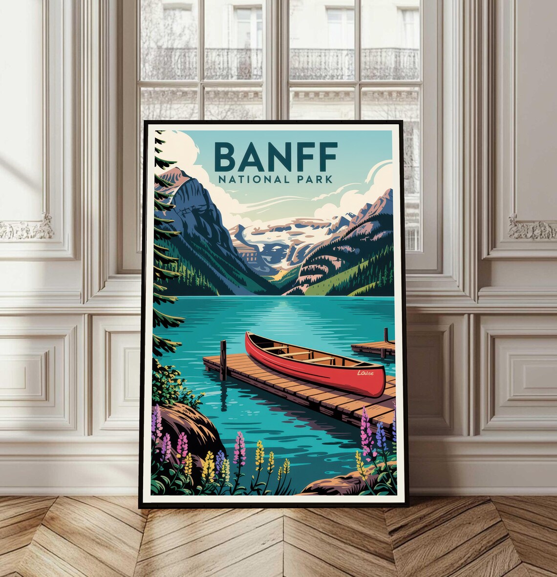 Banff National Park Turquoise Lake Red Canoe Vintage Travel Poster