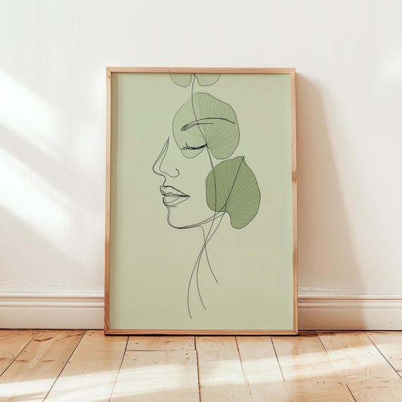 Minimalist Woman Face Line Art Print Sage Green Botanical Decor