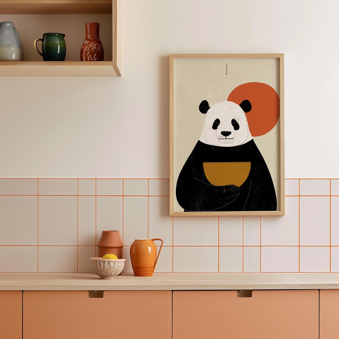 Minimalist Panda Japanese Art Print, Matcha Sun Decor