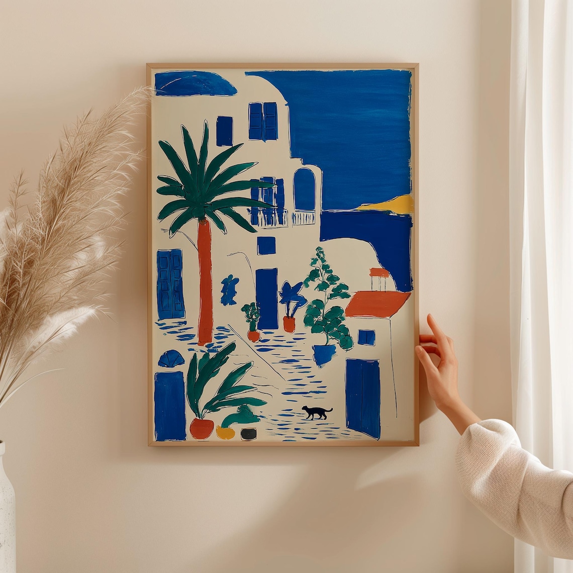 Mediterranean Coastal Blue Village, Greek Island Travel Poster