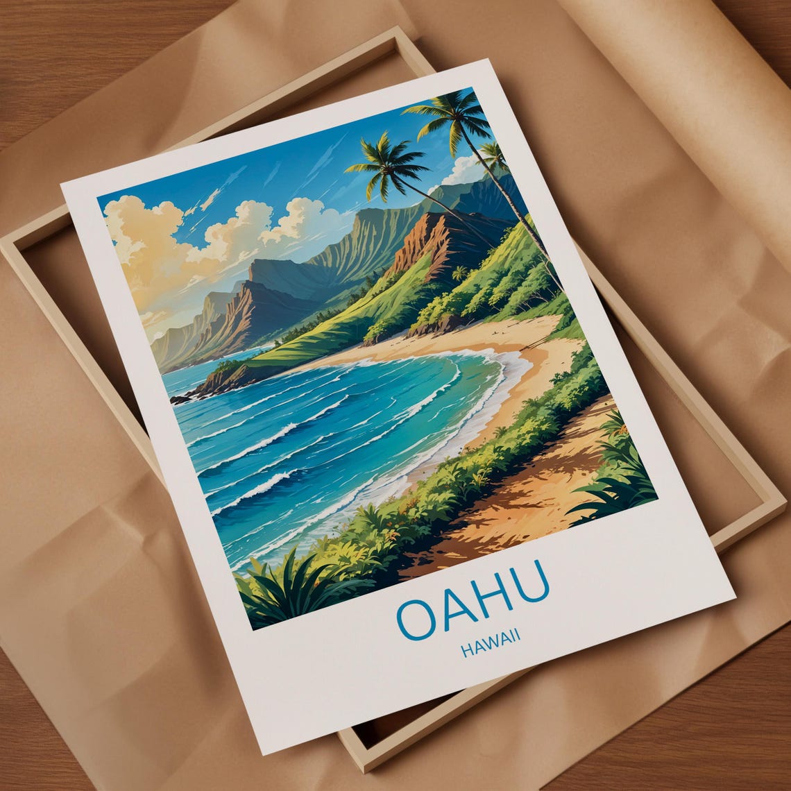 Oahu Hawaii Beach With Green Mountains and Turquoise Surf Poster - Image 4