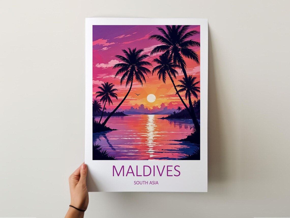 Maldives South Asia Palm Tree Sunset Lagoon Vintage Travel Poster - Image 5