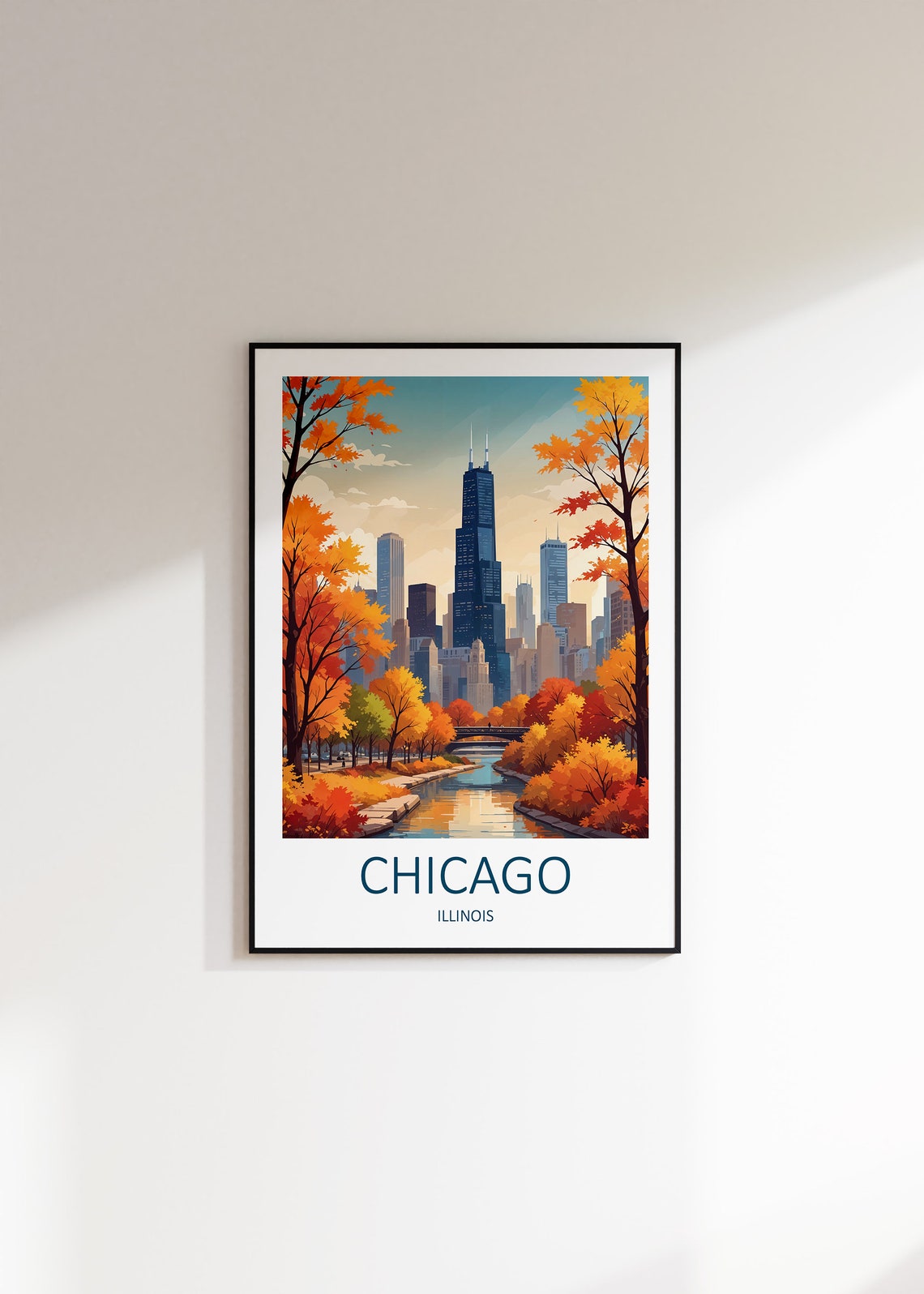 Chicago Illinois Skyline Golden Autumn Riverside Travel Poster - Image 3