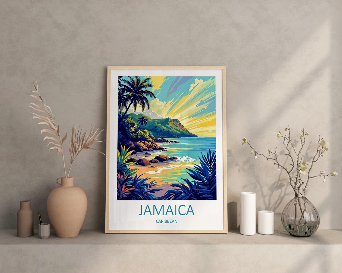 Jamaica Caribbean Tropical Cove Sunset Beach Waves Travel Poster - Image 2