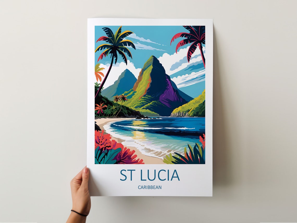 St Lucia Caribbean Twin Pitons Palms and Turquoise Beach Poster - Image 5