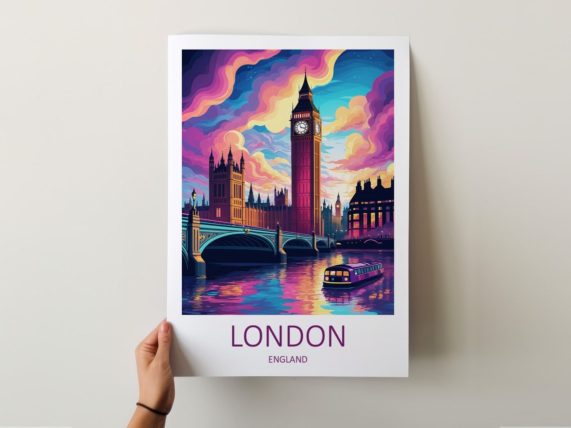 London Big Ben At Dusk With Westminster Bridge and River Boat Poster - Image 5