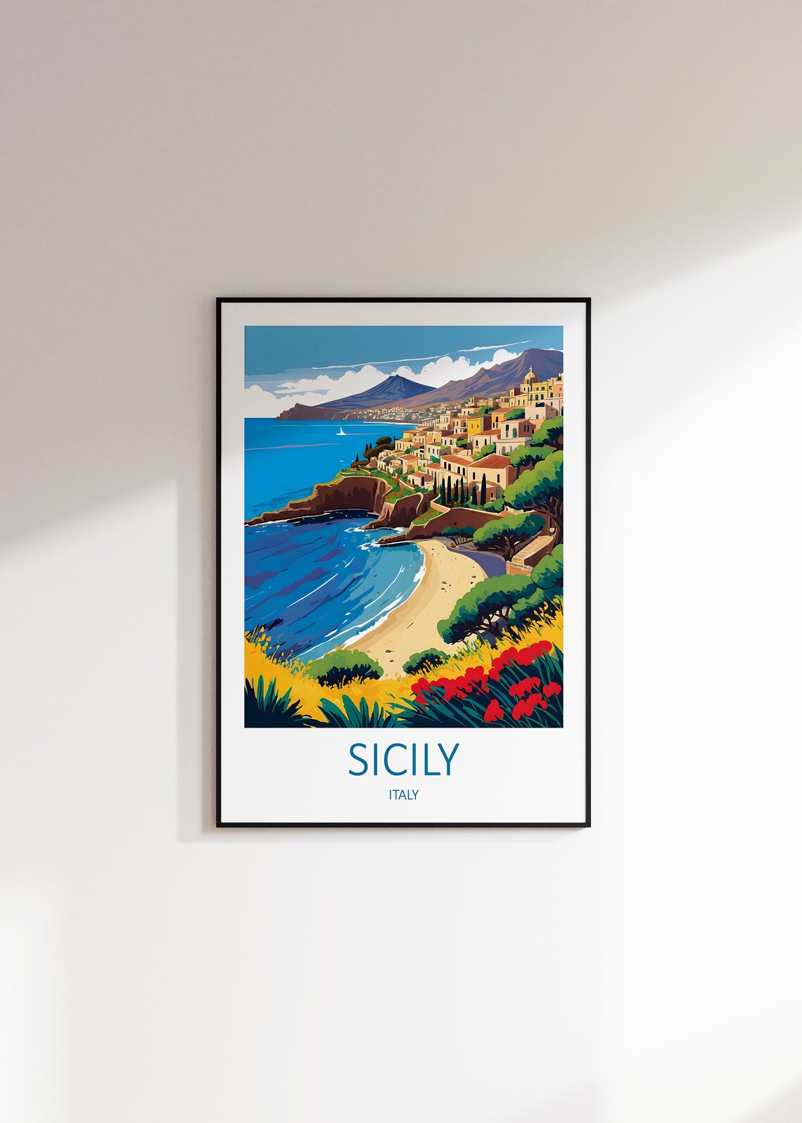 Sicily Italy Coastal Town Cliffs Beach Blossoms Scenic Travel Poster - Image 3