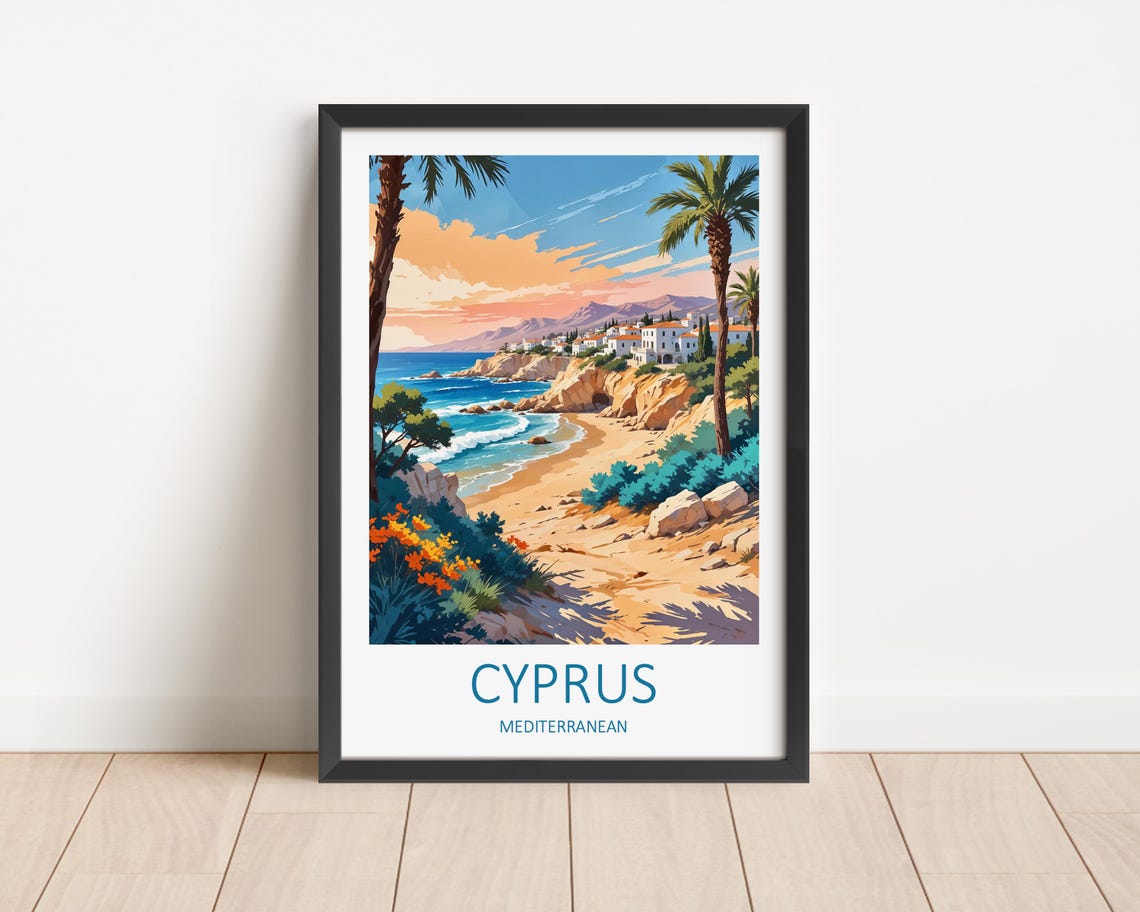 Cyprus Mediterranean Golden Beach Bay With Whitewashed Village Poster