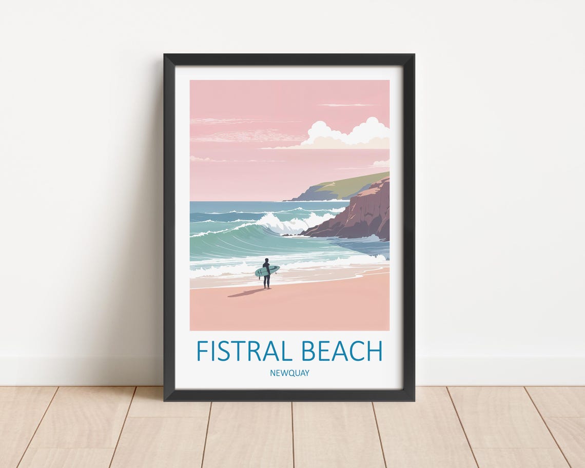 Fistral Beach Newquay Surfer Pink Sunset Cornwall Waves Poster