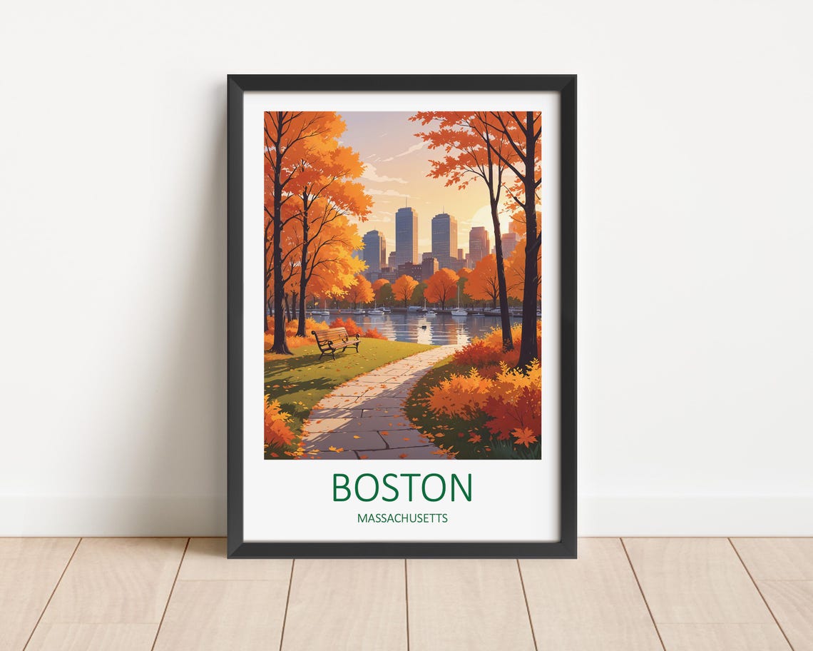 Boston Massachusetts Autumn Park River Skyline Travel Poster