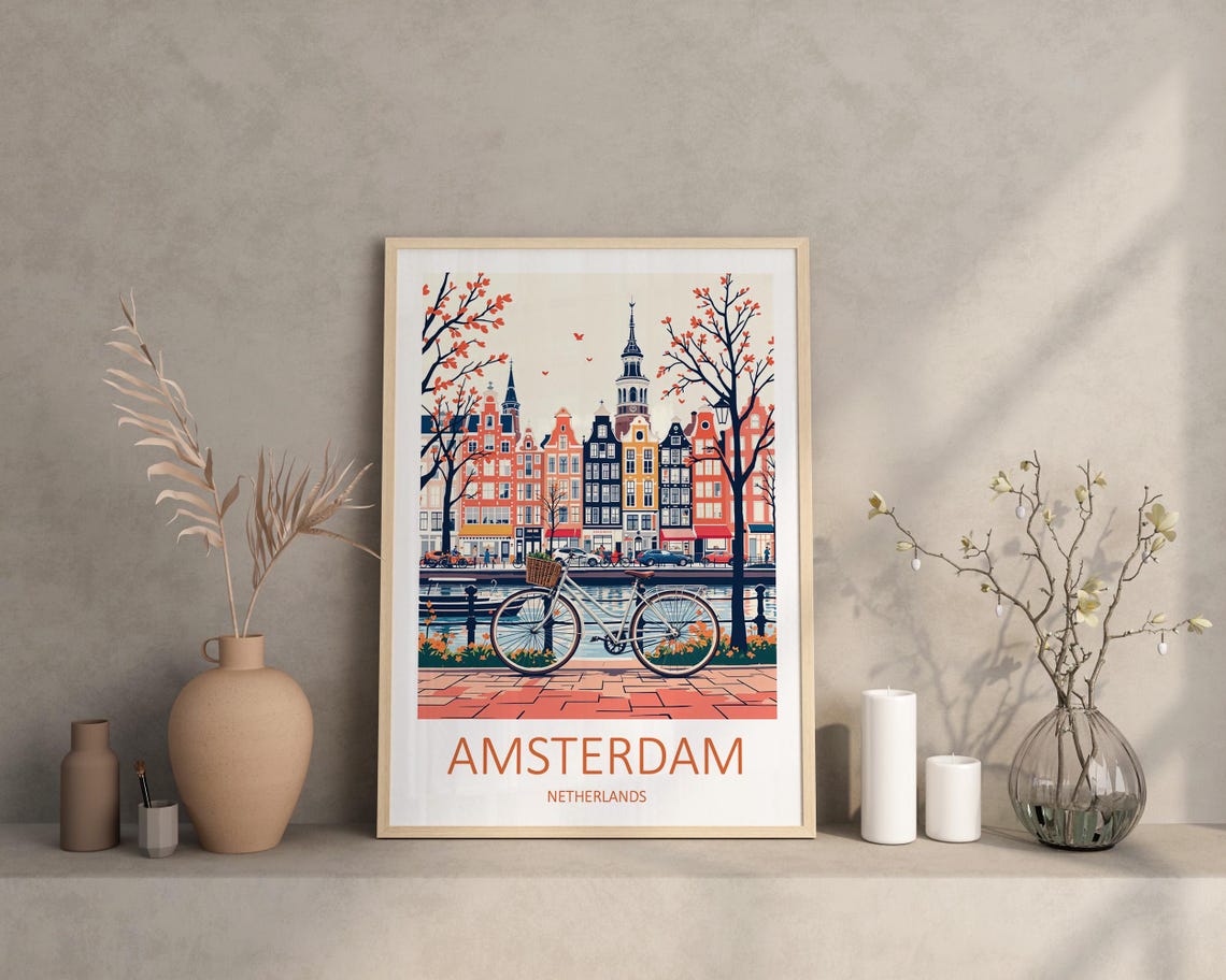 Amsterdam Netherlands Canal Bicycle Gabled Houses Classic Poster - Image 2