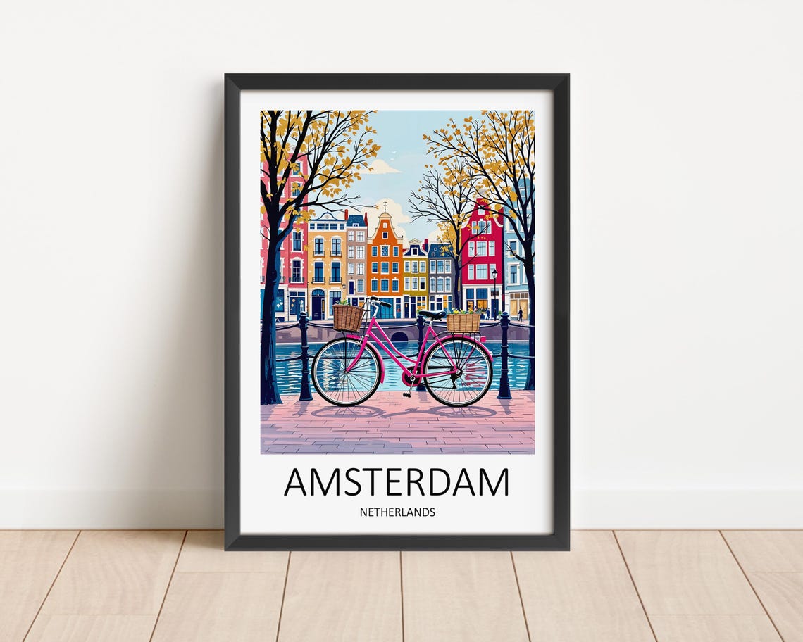 Amsterdam Netherlands Canal With Pink Bicycle and Houses Poster