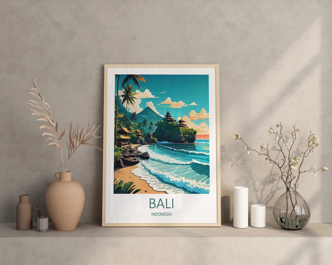 Bali Indonesia Beach Cliff Temple Volcano Waves Travel Poster - Image 3