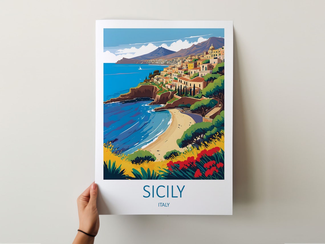 Sicily Italy Coastal Town Cliffs Beach Blossoms Scenic Travel Poster - Image 5