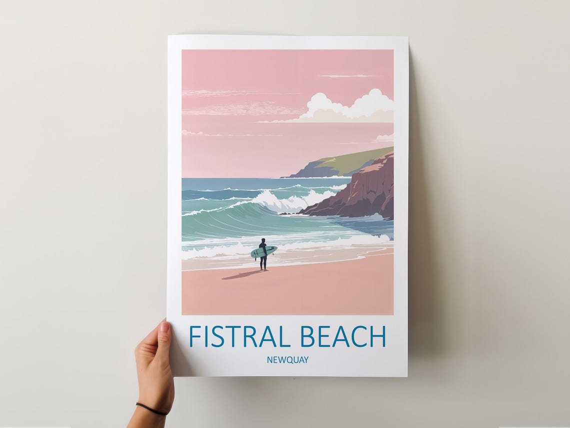 Fistral Beach Newquay Surfer Pink Sunset Cornwall Waves Poster - Image 5