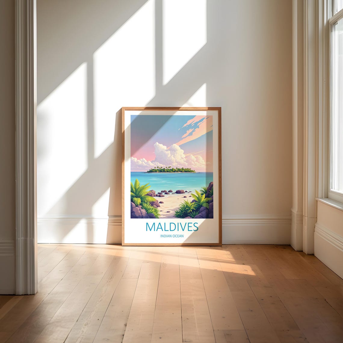 Maldives Indian Ocean Tropical Island Beach at Pastel Sunset Poster - Image 6