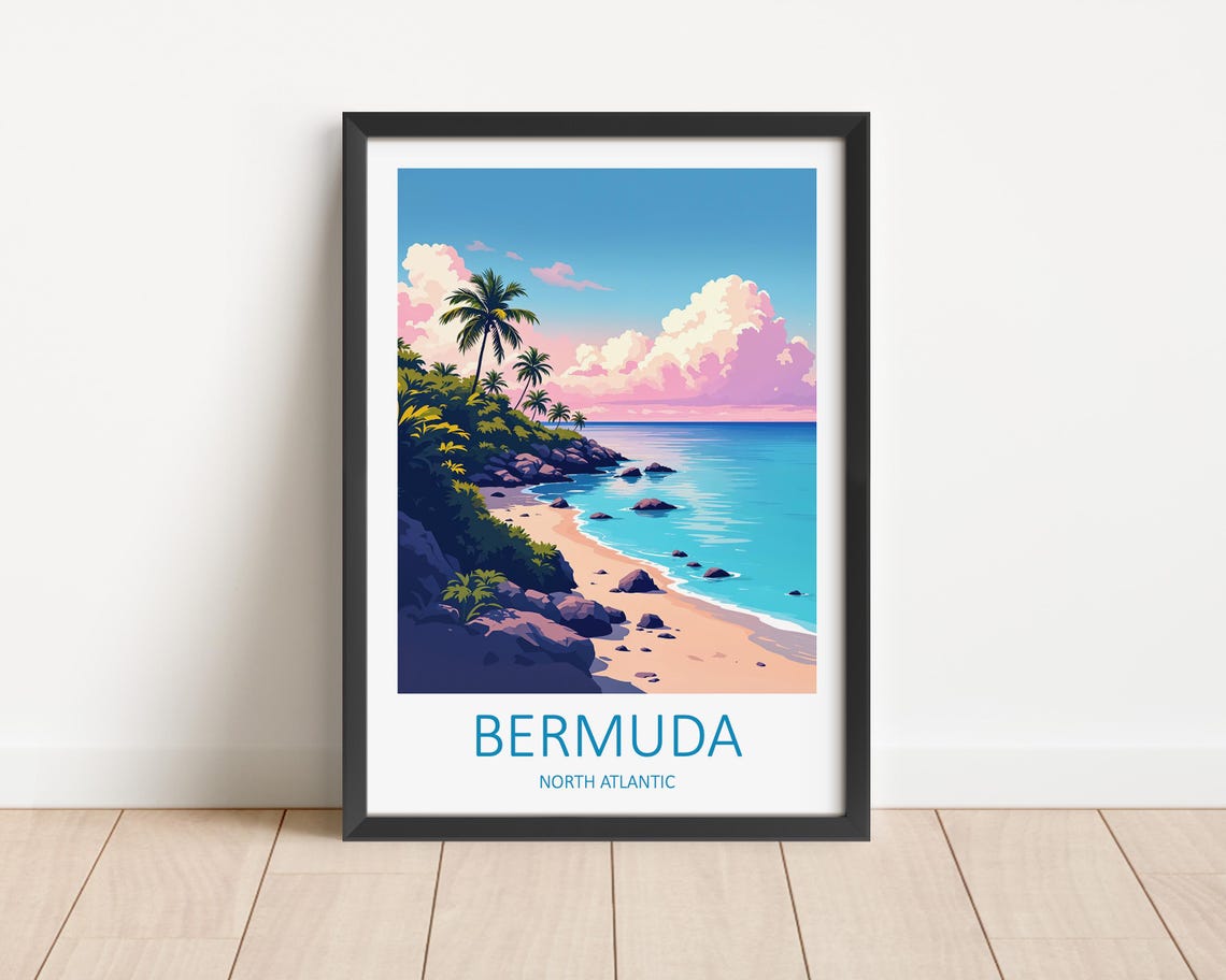 Bermuda North Atlantic Palm Lined Sandy Beach Cove Scene Poster
