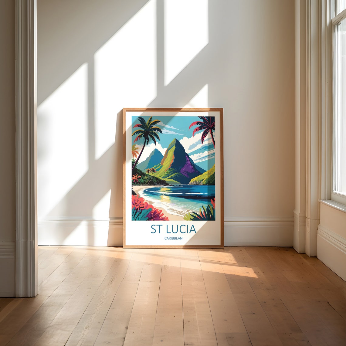 St Lucia Caribbean Twin Pitons Palms and Turquoise Beach Poster - Image 6