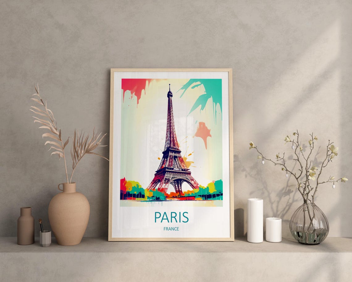 Paris France Eiffel Tower Watercolor Splash Colorful Art Poster - Image 3