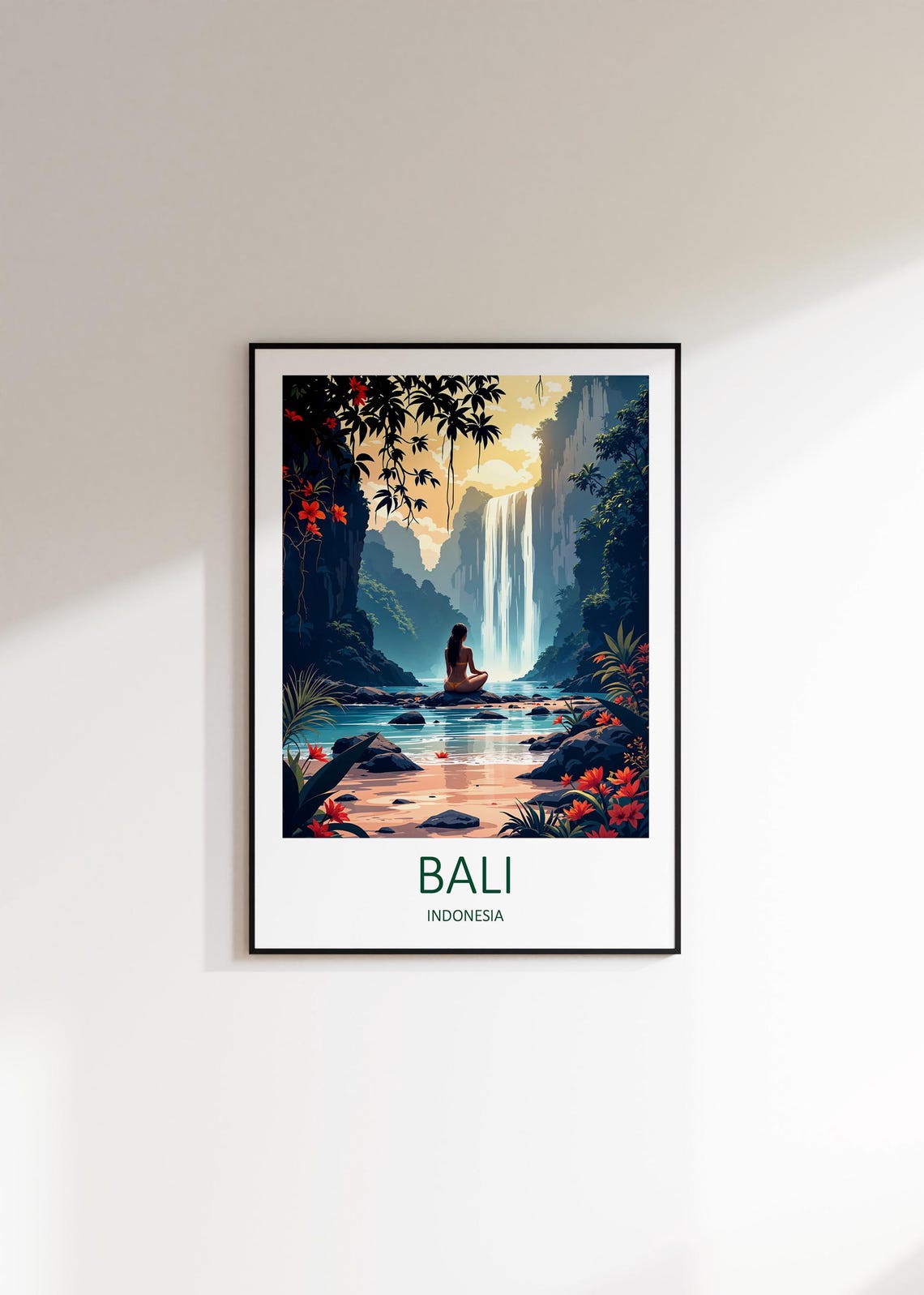 Bali Indonesia Waterfall Oasis With Meditating Figure Poster - Image 3