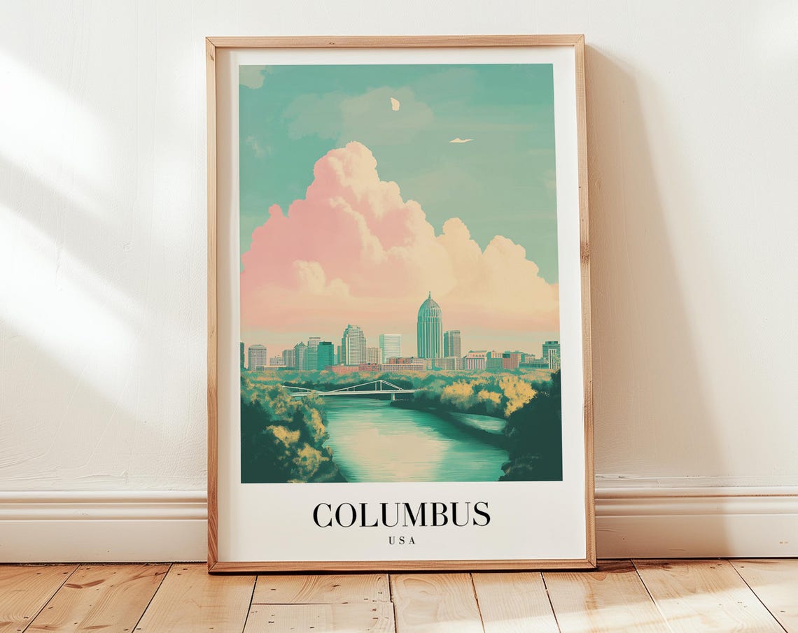 Columbus Skyline River Pastel Vintage Style Travel Poster Home Decor