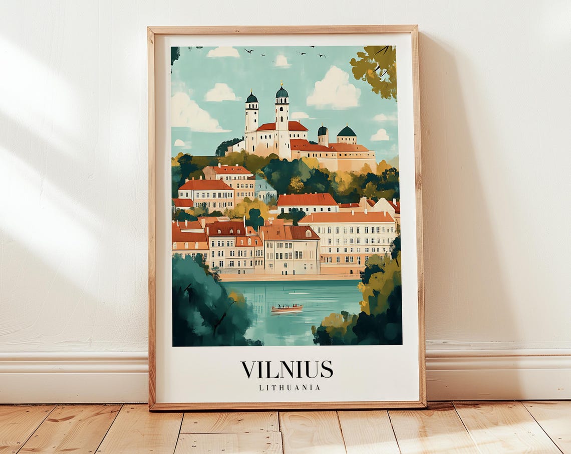 Vilnius Lithuania Cathedral Hill River Vintage Travel Poster