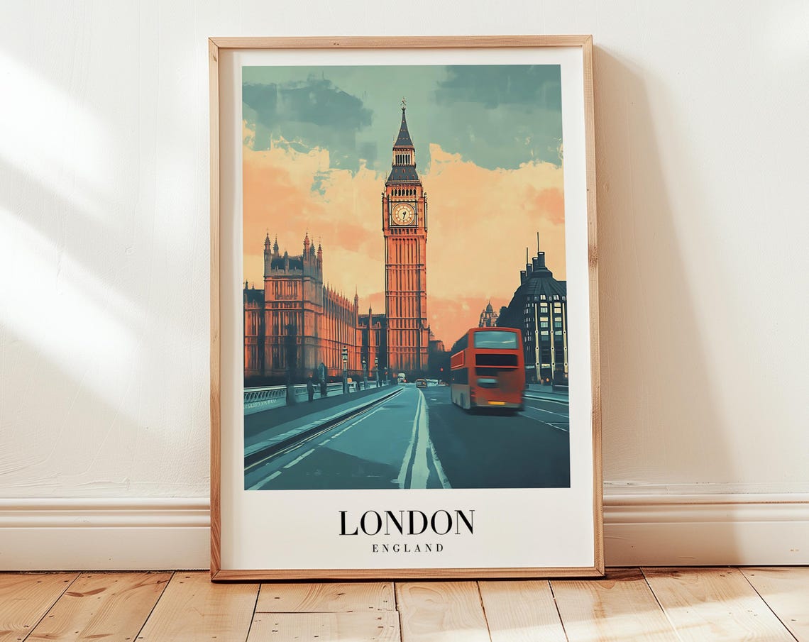 London England Big Ben Parliament Red Bus Vintage Travel Poster Gift