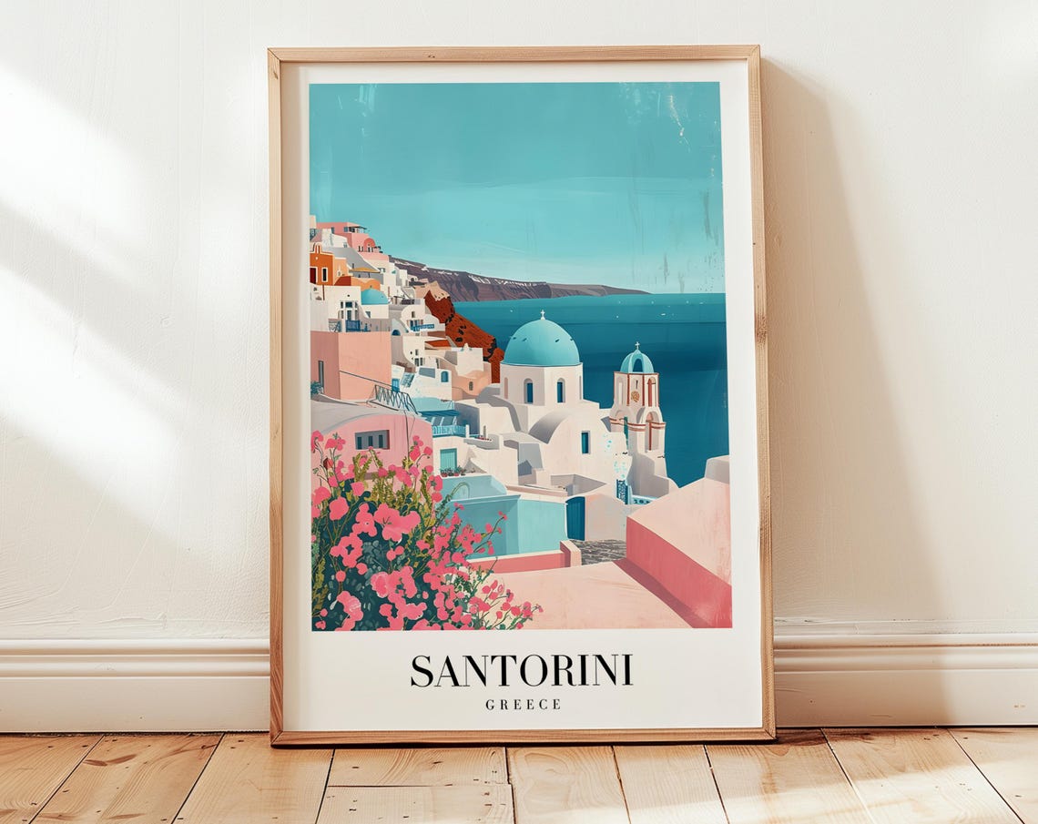 Santorini Greece Oia Blue Domes Bougainvillea Caldera Travel Poster