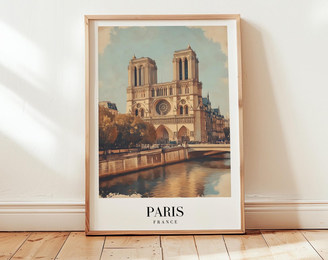 Paris Notre Dame Cathedral Seine River Vintage Travel Poster Decor