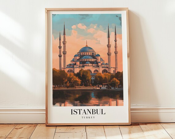 Istanbul Turkey Blue Mosque Sunset Water Reflection Travel Poster