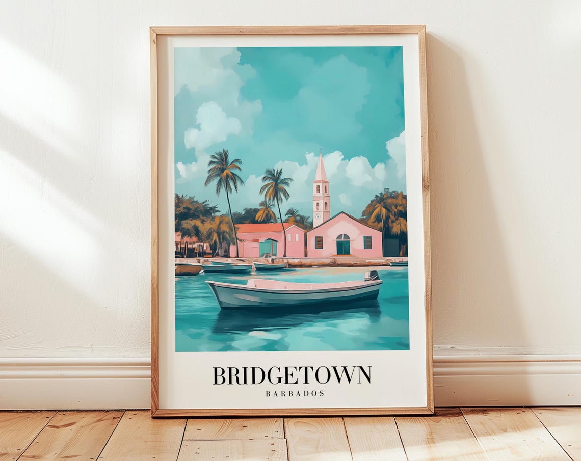 Bridgetown Barbados Pink Church Harbor Boats Tropical Travel Poster