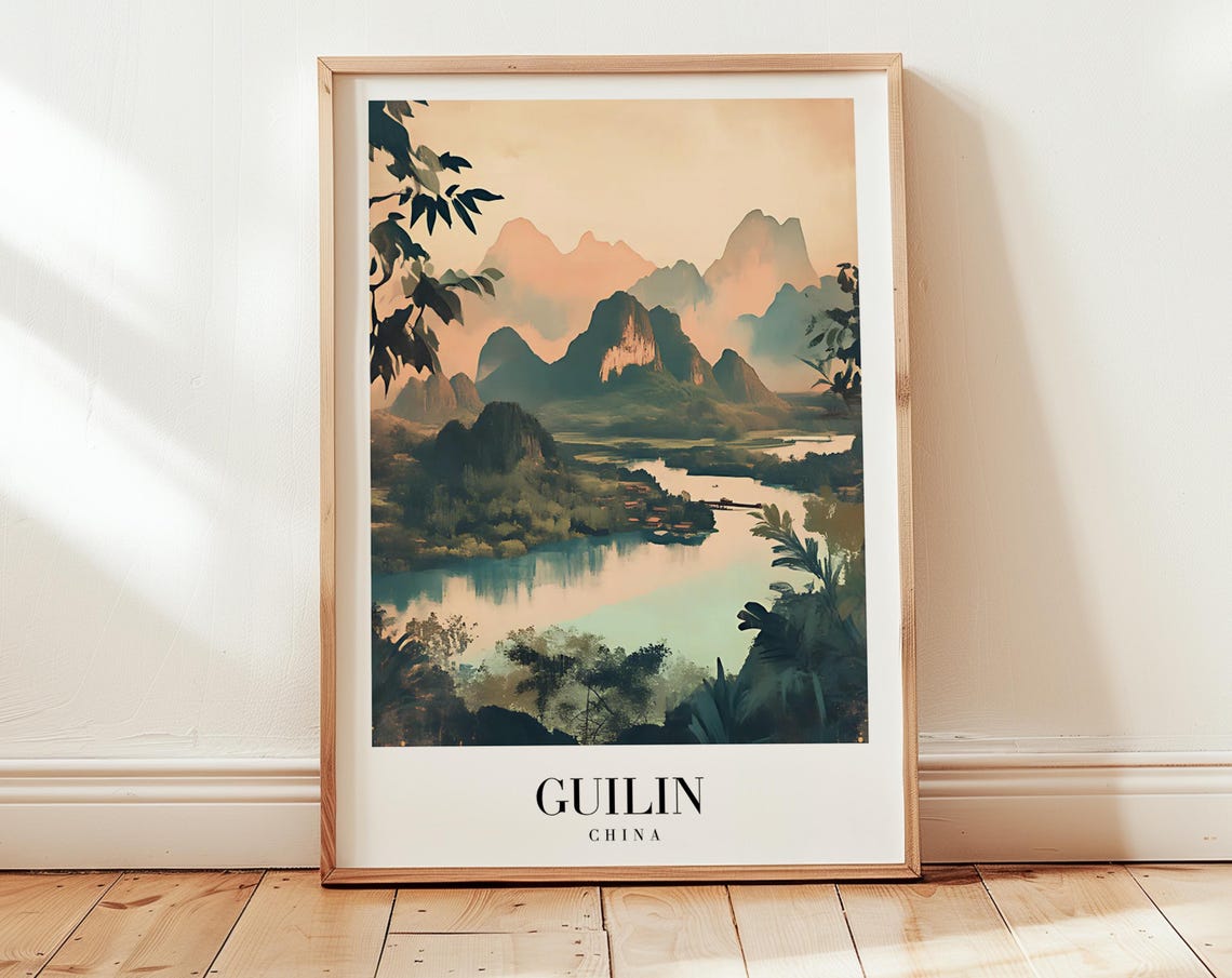 Guilin China Karst Mountains River Mist Vintage Travel Poster