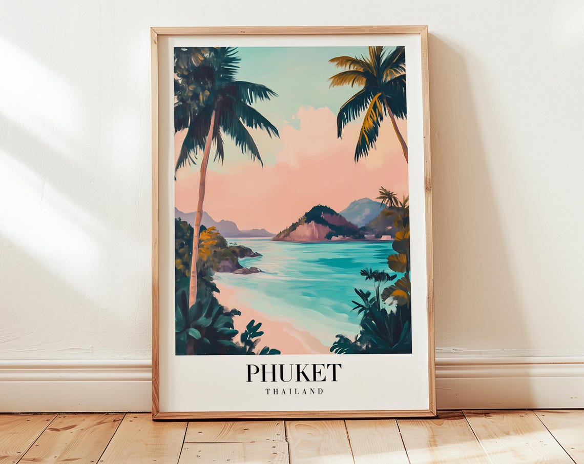 Phuket Thailand Tropical Beach Palm Trees Sunset Travel Art Poster