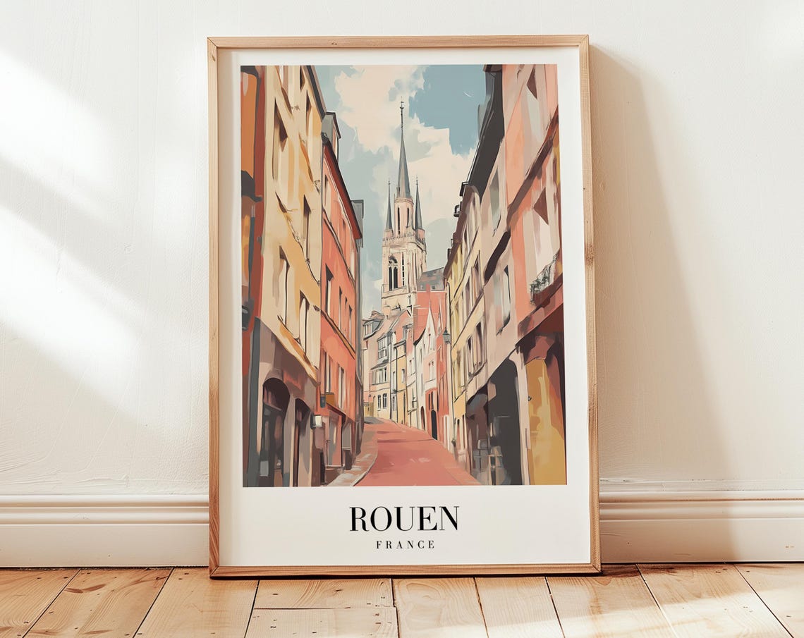 Rouen France Old Town Cobblestone Street Cathedral View Travel Poster